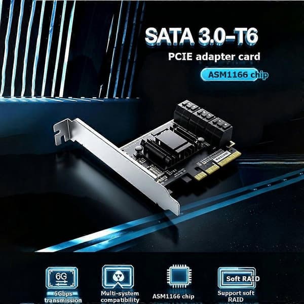 Pcie till 6-portars SATA 3.0-kontrollerkort Kontrollutvidgningskort ASM1166 Stöder NAS, Mac och Linux Black