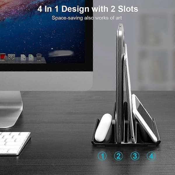 2-spaltet lodret aluminiumsstativ til bærbar computer - Sort til alle MacBooks/Chromebook/Surface/Dell/iPad op til 17,3 tommer
