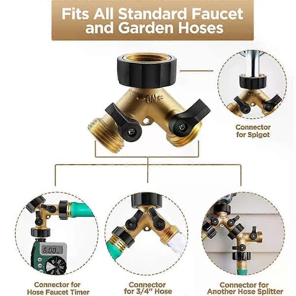 Haveslangesplitter 2-vejs kraftig, Y-forbindelse messing haveslangeadapter, slangehane-splitter med 2 ekstra gummiskiver US Plug