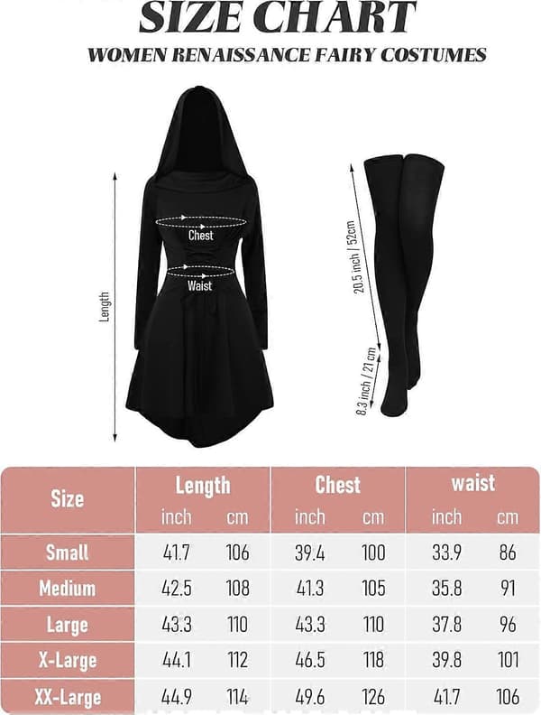 [RM] 10 stk. middelalder- og renæssance-kostumesæt til kvinder, middelalderkappe med hætte, elver-tilbehør til Halloween-cosplay Black Small