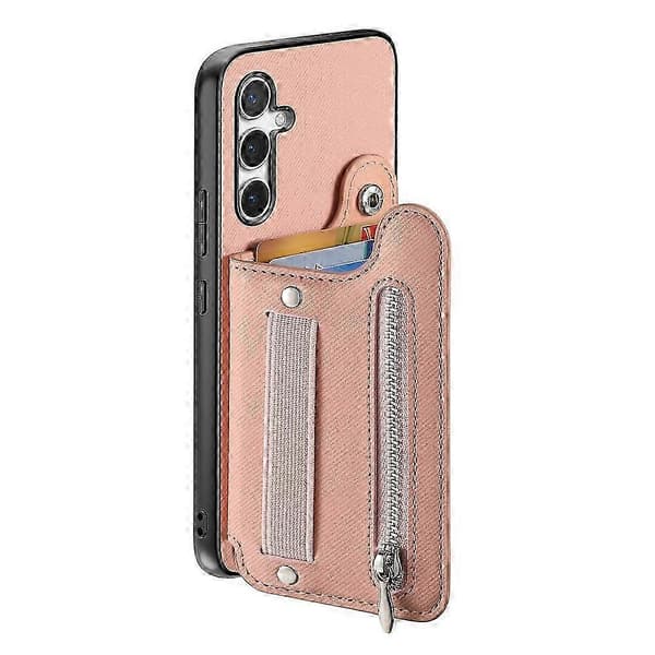 Kompatibel med Samsung Galaxy A26 5G-deksel RFID-kortholder Jeansstofftekstur Skinnbakdeksel med elastisk håndleddsrem Pink