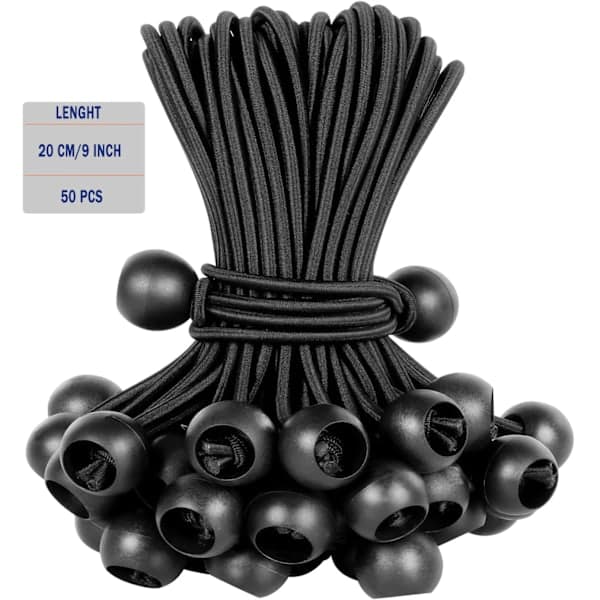 50-pak Bungee Balls, Sort Snor for UV-modstand, med Elastisk Snor til Stropper, Telte, Stænger og Kabler SORT (20 CM 9 TOMMER) BLACK(20CM 9INCH)