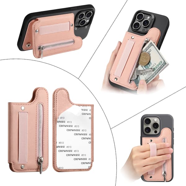 Zippered Magnetic Phone and Card Holder with Retractable Wrist Strap Pink Pink