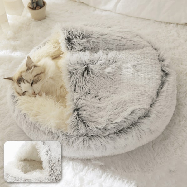 Cat Warm Long Plysch Husdjurssäng Omsluten Rund Bekväm Sleep Nest Kennel för små husdjur Light Gray 40x40cm