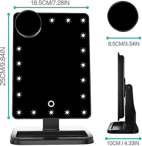 Meikkipeili 20 LED-valolla, kosketusnäyttö, 10x suurennus (Bluetooth-musta)