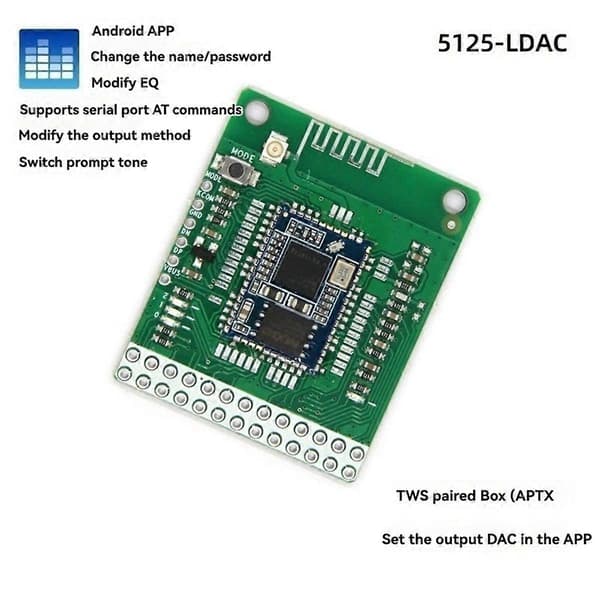 QCC5125 Bluetooth 5.1 Stereo Lydmodul DC 3.6-5.5V LDAC Tapfri Analog Utgang /APTXLL/APTXHD Modul med Samtale Green