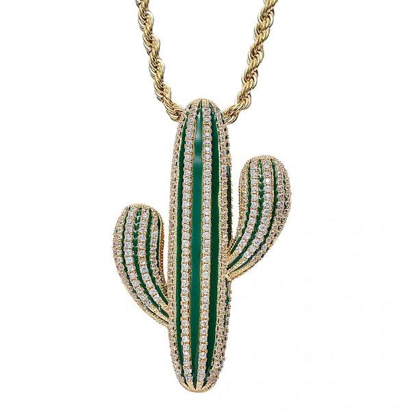 18K Guld Cubic Zirconia Berlocker Kaktus Hänge Halsband Hiphop Smycken Gyllene