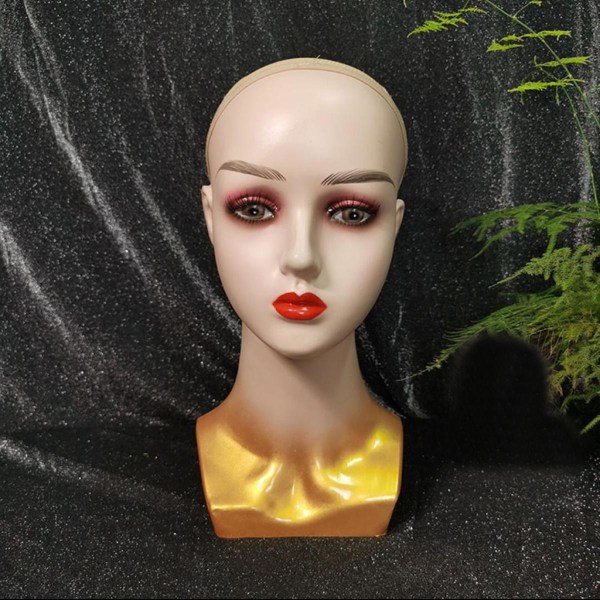 Kvinnligt ansikte skyltdocka huvud skallig stativ för styling peruker eller hatt display guld