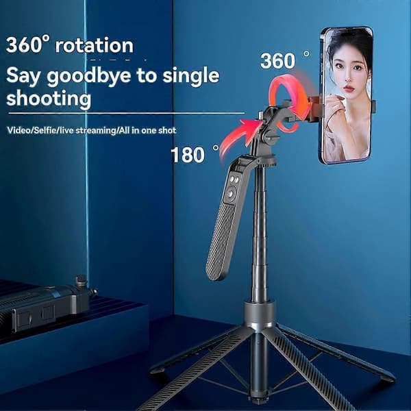 1,8 m lang 360° roterende hode telefon selfie-pinne firebent stativ Bluetooth fjernkontroll utvidelsesstativ