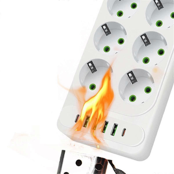 [RM] 8-Hole EU Plug AC Socket Multi Tower Power Strip 2M Extension Cable Power Outlet Smart USB Socket with Switch Black