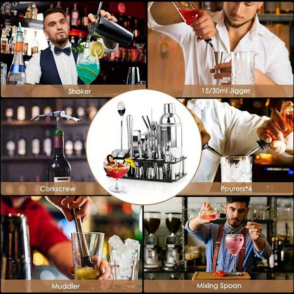 [RM] Cocktail Shaker Sæt, 23-dele Boston Bartender-kit i rustfrit stål med akrylstativ