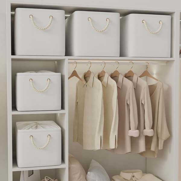 [RM]Foldable Storage Baskets, Fabric, Boxes for Shelves, with Drawstring and 2 Handles, for Clothes, White, 40x30x26cm