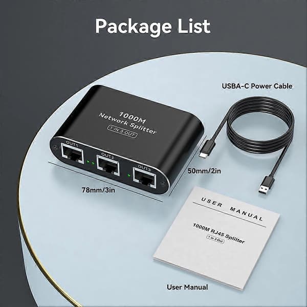RJ45 Ethernet-splitter 1 til 3 LAN-splitter 1000 Mbps Gigabit Ethernet-svitsj med USB-C strømkabel