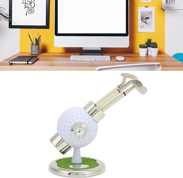 Golfpennhållare, Golfboll pennhållarset med 3 pennor, Simulerad klocka i zinklegering, Minigolf pennkoppshållare golfpresenter för män