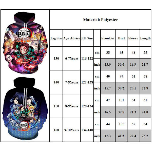 [RM]Varme gutter Barn 3D Anime Demon Slayer Hettegenser Genser Topper A A 140cm