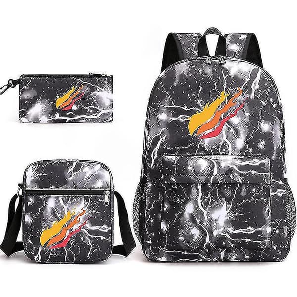 [RM]Prestonplayz Printed Starry Sky Backpack, Casual Student School Bag, Small Shoulder Bag, Pencil Case, Three-Piece Set-1 LIGHTNING BLACK