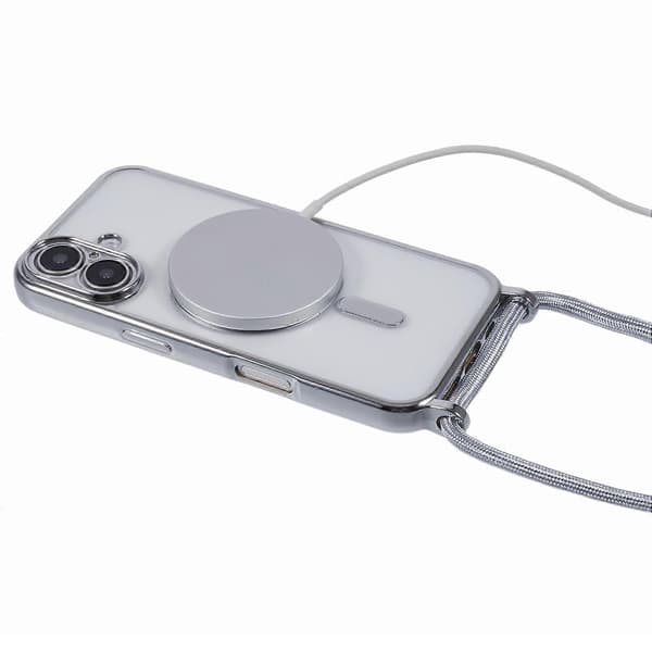 Fodral för iPhone 16 kompatibelt med MagSafe, elektropläterat TPU-skydd med lång bärrem Silver Silver