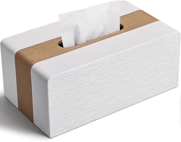 Læder Tissueboks, Rektangulær Tissueboks, Tissueboks B x D x H: 25 × 13,5 × 9,5 cm (Guld & Hvid)