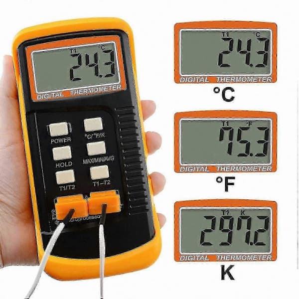 Termometer i rustfrit stål med 4 termoelementer, højtemperatursensor op til 1300C, Celsius/Fahrenheit/Kelvin-skala, holdbare kablede prober til industri