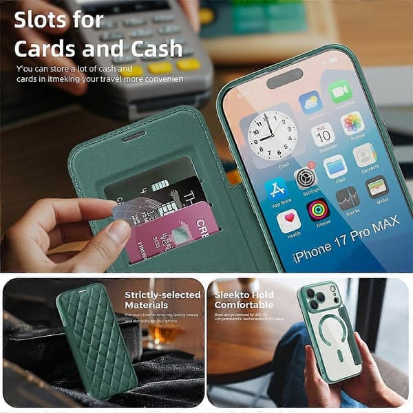 [RM] Kompatibelt etui til iPhone 17 Pro Max, kompatibelt med MagSafe, rombeformet PU-lædercover DarkGreen