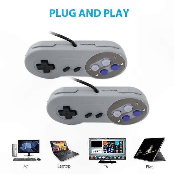 2-pak kablede controllere til klassisk spillekonsol, 1,8 m kabel til 2-spiller gameplay på SNES-system