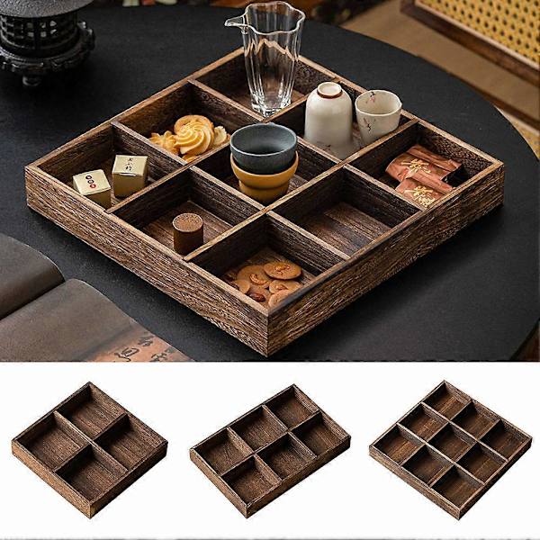 [RM]Rectangular Wooden Tray Party Appetizer Platter Vegetable Dish for Snacks Tea Time Four Compartment Grid Four chamber Grid