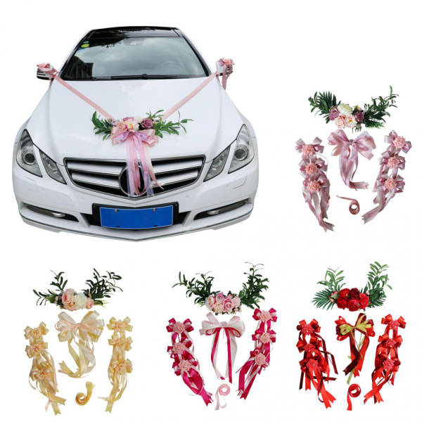 Bröllopsbilsdekorationer Kit med Silkeblommor, Bandrosetter, Dusty Rose