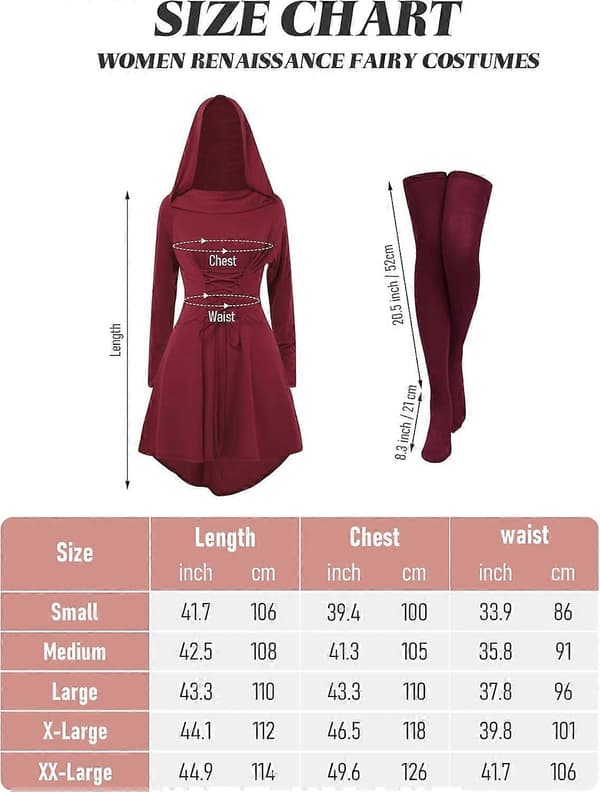 [RM] 10 stk. middelalder- og renæssance-kostumesæt til kvinder, middelalderkappe med hætte, elver-tilbehør til Halloween-cosplay Burgundy Medium