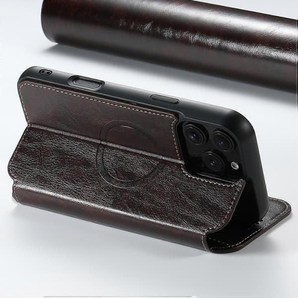 [RM]SUTENI J06 til iPhone 16 Pro Max etui kompatibelt med MagSafe tekstureret PU-læder flip-cover Multicolor Brown
