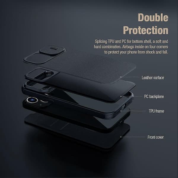 NILLKIN Qin Pro-serien for iPhone 14 iPhone 13 Fullstendig beskyttelse Telefondeksel med skyvbart linsedeksel PU