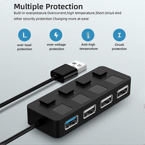 USB 3.0 Hub med 4 porte, individuelle strømafbrydere og LED-indikatorer til PC, Mac, bærbar computer Black