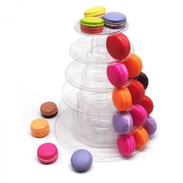 6-Vånings Rund Macaron Tower Tårtställ Macaron Displayställ för Bröllop Födelsedagsfest Dessertställ Plast Tårttorn Bricka