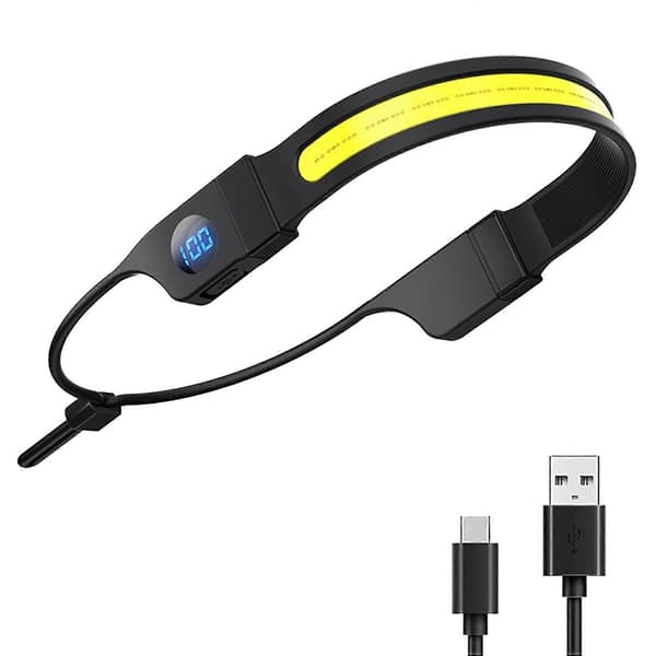2X LED COB Hodelykt USB Oppladbar Hodelykt Digital Strømvisning Hodelykt for Camping Turgåing Fiske Vandring Black