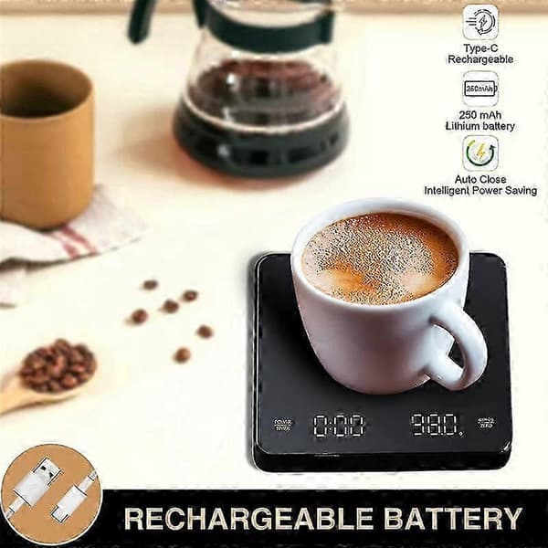 Kaffevægt med timer, kaffevægt, 0,1G/3Kg, genopladelig, automatisk slukning, til barista