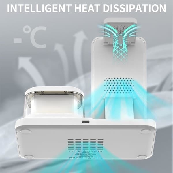 iPhone trådløs oplader 5 i 1 LED, Apple ladestation til rejser og hjemmebrug, multifunktionel ladestander White 5in 1