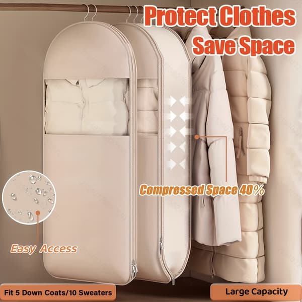[RM]3-size beige compression hanging bag for clothes, vacuum sealed storage bag saves 40% space, for coats winter wardrobe S M L