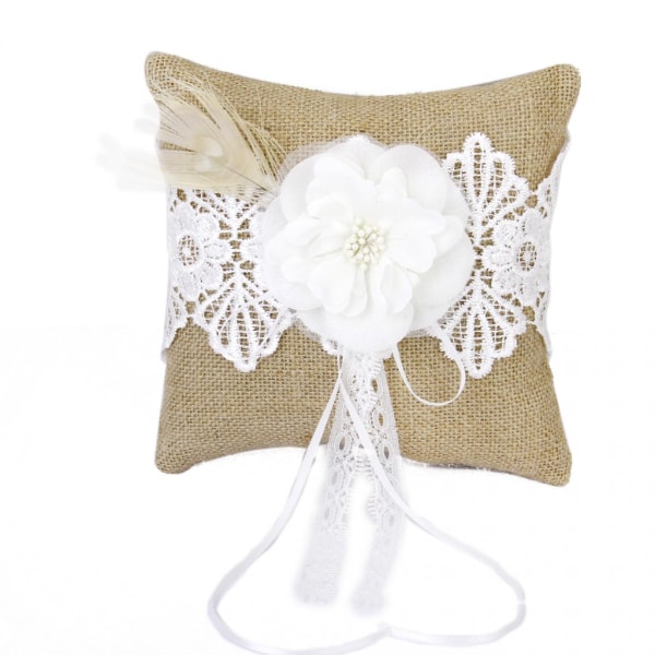 Rustikt Bröllop Jute Bröllopsringbärare Hessian Kudde Spets Blomdekor 8 X 8''