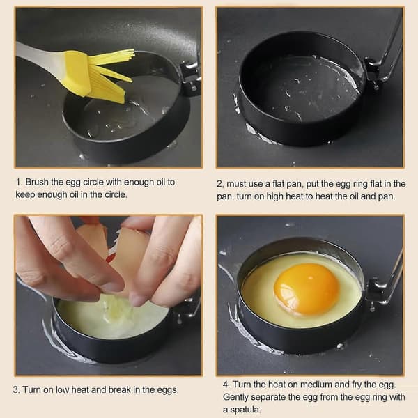 1 stk. eggeringer for steking, eggering i rustfritt stål, non-stick eggeringer, 4 former for stekte egg (rund)