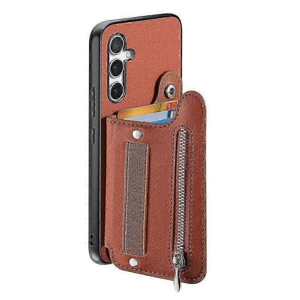 Kompatibel med Samsung Galaxy A26 5G-deksel RFID-kortholder Jeansstofftekstur Skinnbakdeksel med elastisk håndleddsrem Brown