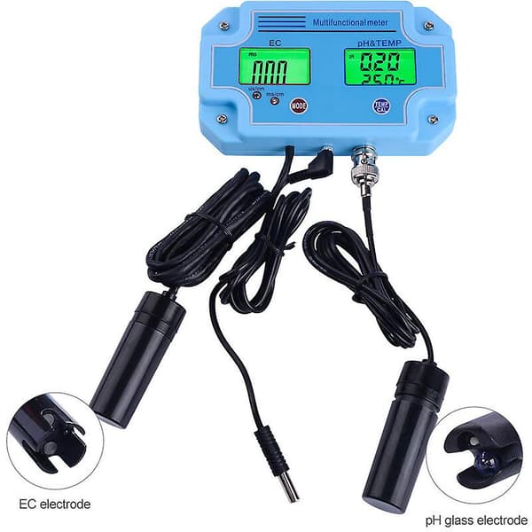 Professionell 3-i-1 vattendetektor pH/EC/TEMP digital LCD-mätare multifunktionell vattenkvalitetsmonitor multiparametertestare, EU-kontakt, blå