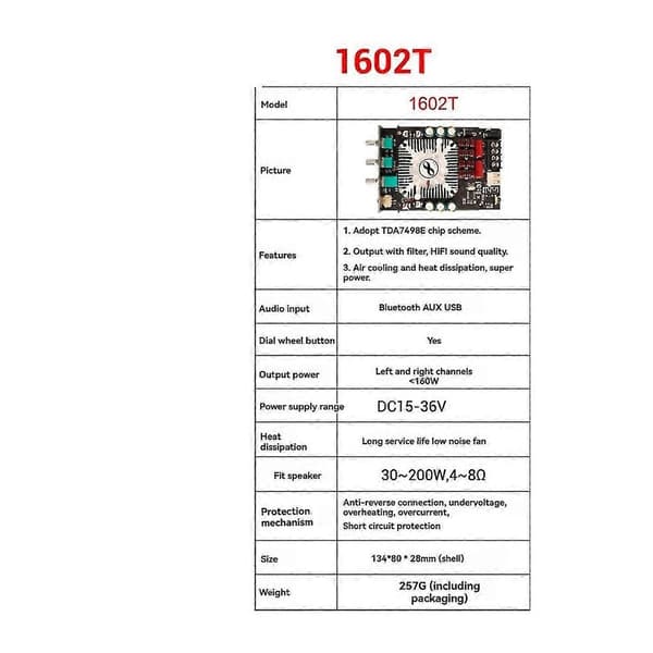 -1602T Bluetooth Audio Effektforstærkermodul TDA7498E 160WX2 Høj Basjustering Forstærkerkort DC15-36V
