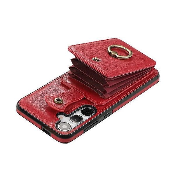 Kompatibelt deksel til Samsung Galaxy A56 5G med kortholder, ringstativ, TPU + PU-lær og lang stropp Red
