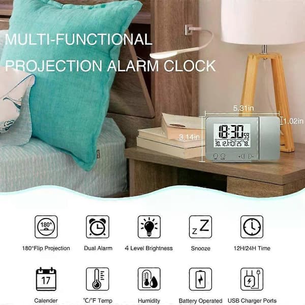 Projektionsväckarklocka för sovrum med termometer, hygrometer, digital takklocka, dimbar LED-display med USB-laddare