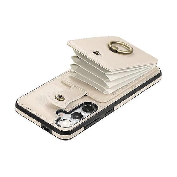 Kompatibelt deksel til Samsung Galaxy A56 5G med kortholder, ringstativ, TPU + PU-lær og lang stropp Beige