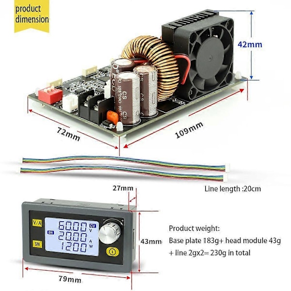 [RM]20A 1200W CNC Power Supply - 6-70V Input, 0-60V Output, LCD Screen, MODBUS Protocol
