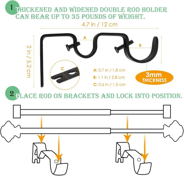 [RM] 3-pack curtain rod brackets, adjustable rod wall mount, double Cu