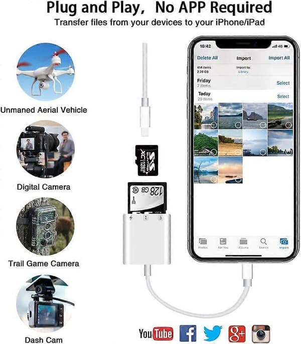 SD-kortlæser til iPhone iPad, Micro SD-kortlæser hukommelseskortlæser Plug and Play Trail Camera Viewer SD-kortadapter, synkron opladning og ca