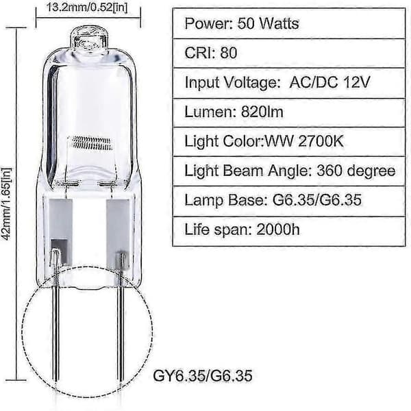 12V 50W G6.35 Halogenpærer (12-pak) - Dæmpbar Bi-Pin Base til Loft- og Skabsbelysning