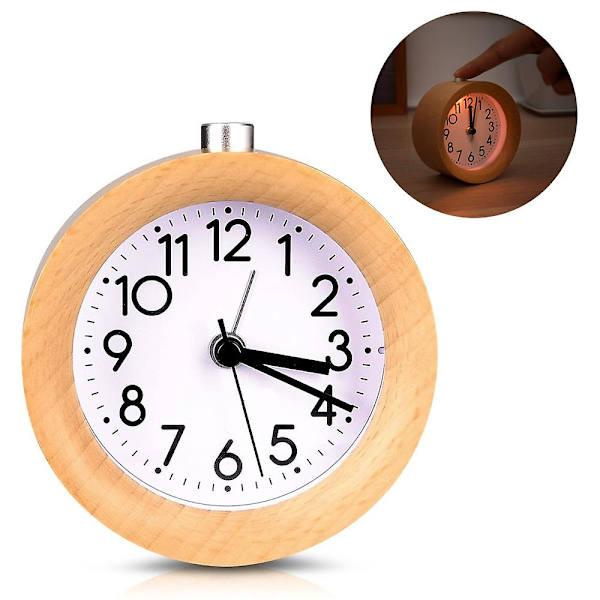 Analog Väckarklocka i Trä med Snooze, Retro Klocka Rund med Urtavla