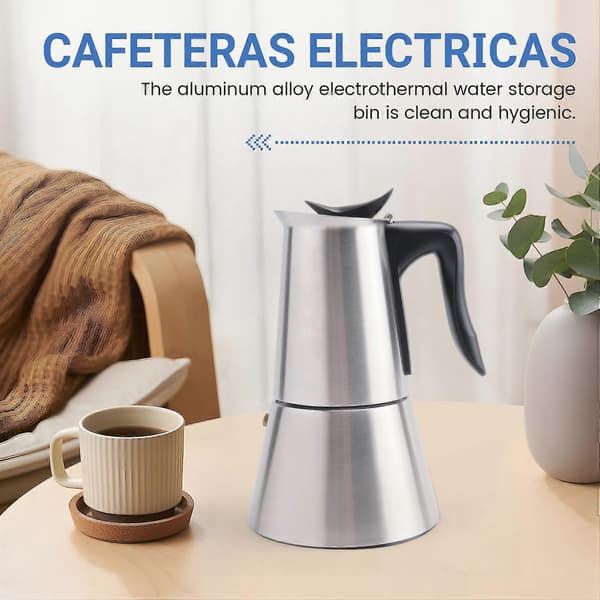 Elektrisk komfur espressomaskine Moka Pot 6 kopper perkolator kaffekande elektrisk rustfrit stål klassisk cafemaskine EU-stik Silver